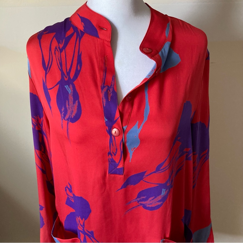 Tucker Red Abstract Floral Silk Long Sleeve Lightweight Shirt Dress size Medium - Picture 5 of 8